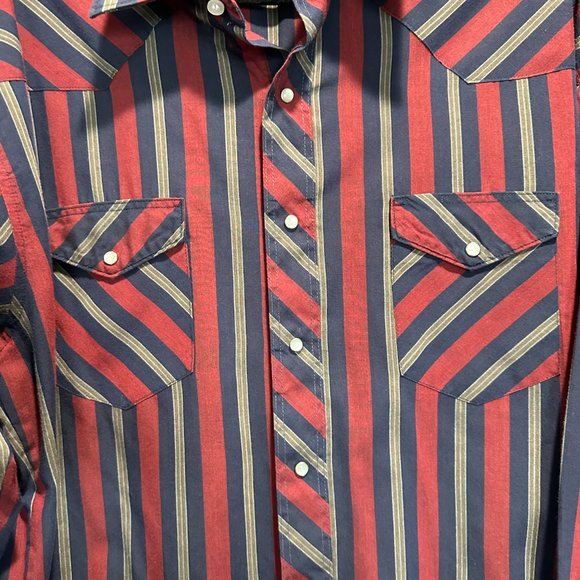 Wrangler Pearl Snap Cowboy Striped Button Down Shirt 17.5x35 Men XL Tails Rodeo - Picture 3 of 5